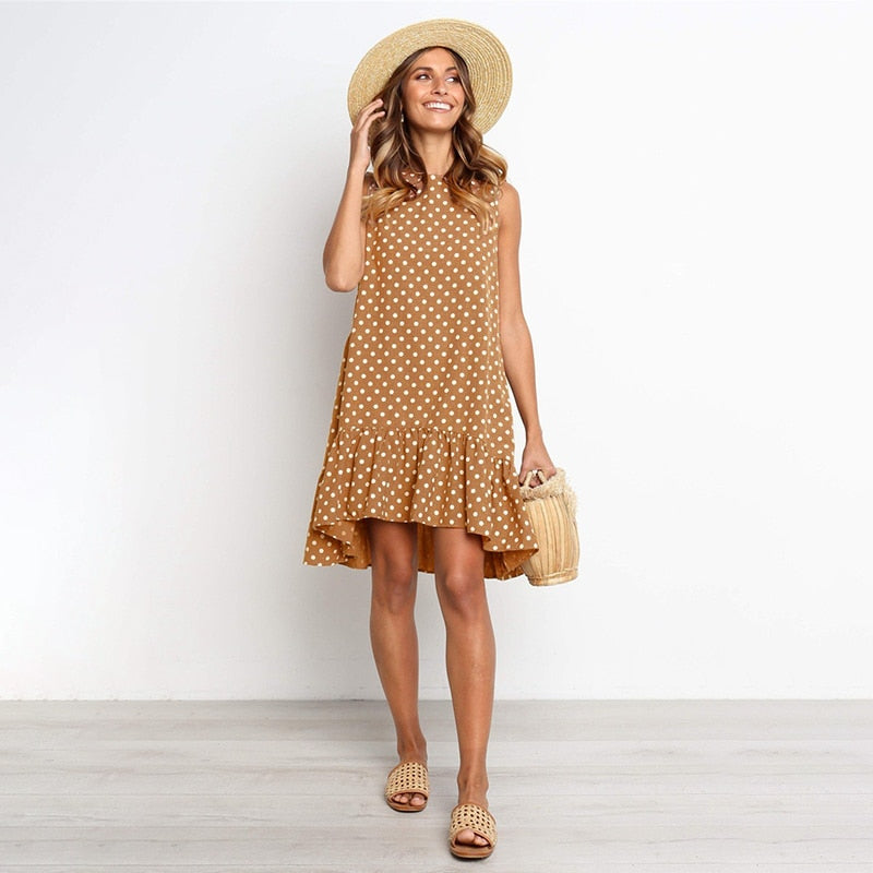 Lossky Women Summer Dress Polka Dot Chiffon Sleeveless Beach Mini Casual Yellow Sundress Fashion Dress For Women