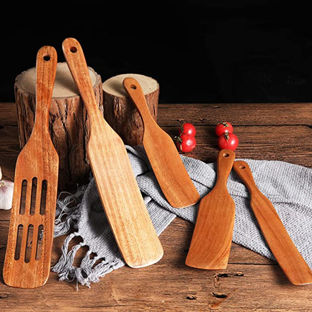 Wooden Kitchen Utensil Set, Acacia Spurtle Kitchen Sets Non-Stick Wooden Cooking Utensils Spatula Slotted Spurtle Spatula Sets