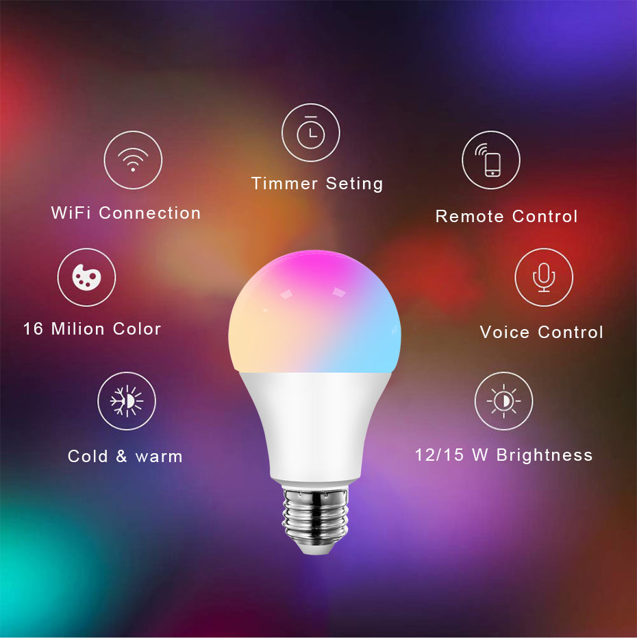 AVATTO Tuya 15W WiFi Smart Home Light Bulb, E27 RGB LED Lamp Dimmable with Smart Life APP, Voice Control for Google Home, Alexa