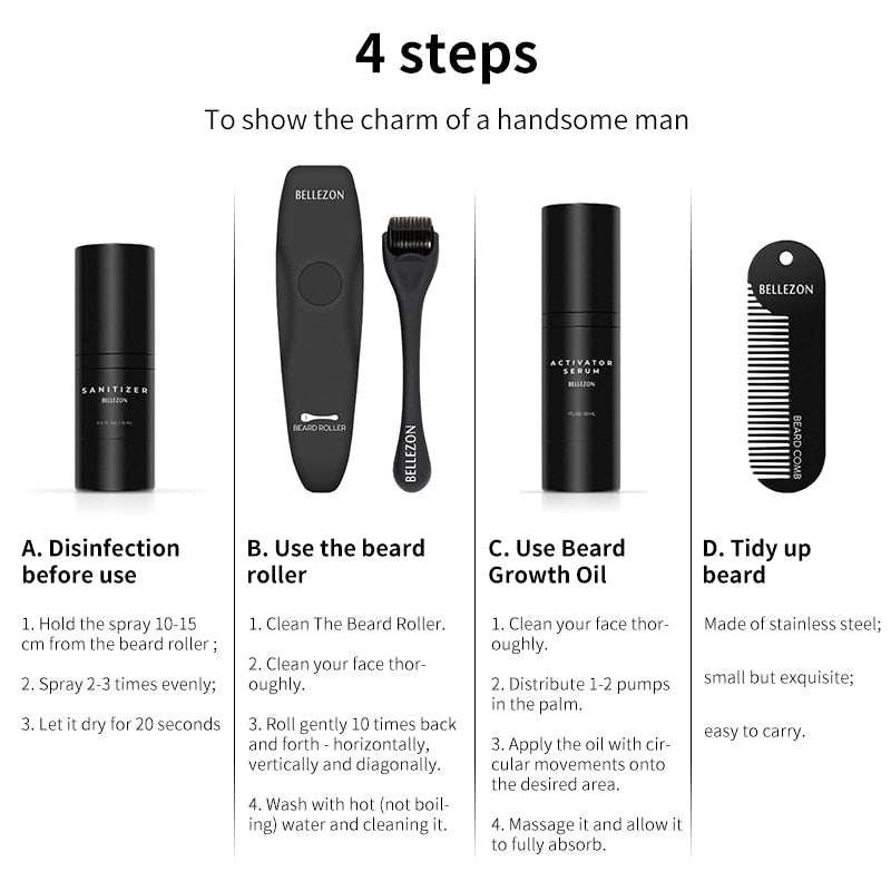 4 Pcs/Set Beard Growth Kit Men's Beard Growth Oil Nourishing Enhancer Beard Oil Beard Care With Comb Beard Roller Beard Oil