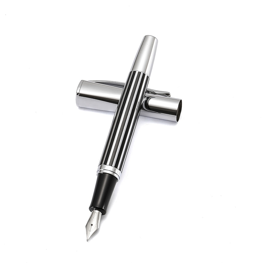 Fountain Pen, Black Stripe Lacquer Barrel, Silver Trim Stainless Steel Medium Nib, Office School Signature