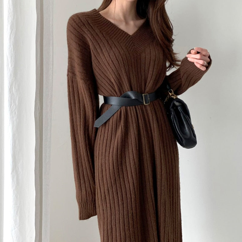 Womens Sweater Dress Winter Long Sleeve Sweaters Knitted Dresses Womens Loose Maxi Oversize Knitting Robe Vestido