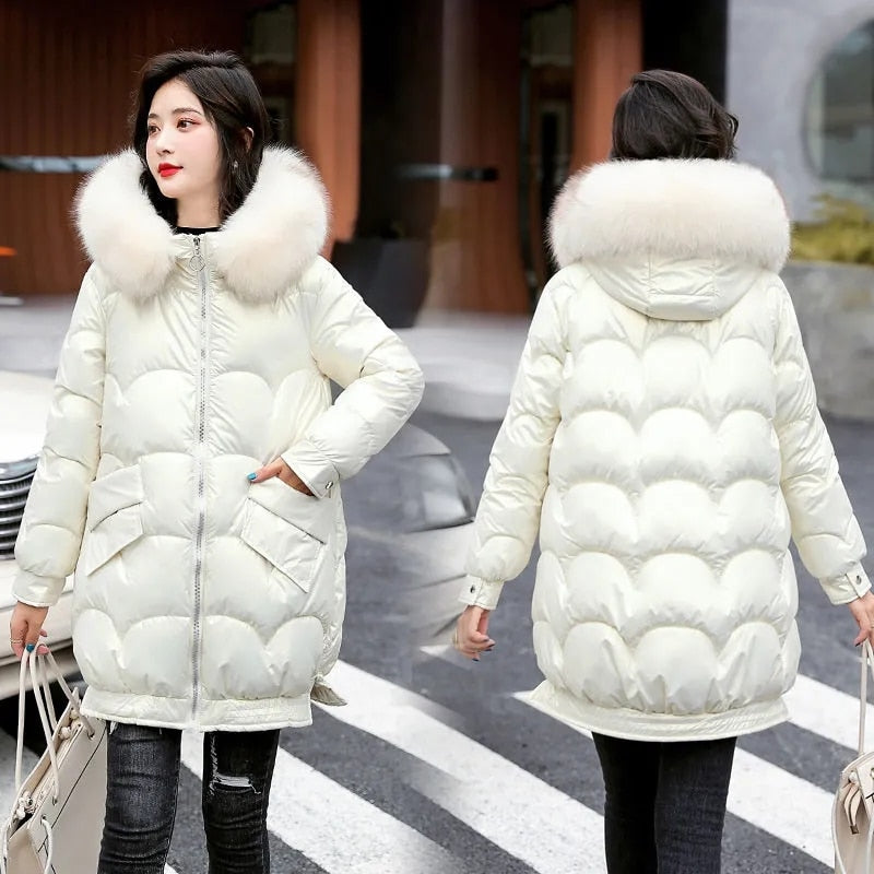 Womens New Fashion Fur Collar Hooded Thick Warm Parkas Casual Female Long Snow Wear Coat Outwear