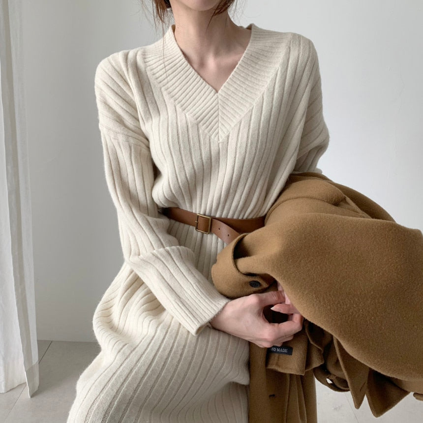 Womens Sweater Dress Winter Long Sleeve Sweaters Knitted Dresses Womens Loose Maxi Oversize Knitting Robe Vestido