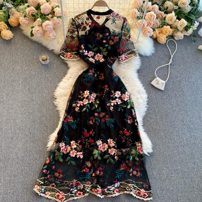 Summer French Vintage Ladies Temperament Bow Collar Flowers Embroidery Elegant Dress Party Vestido