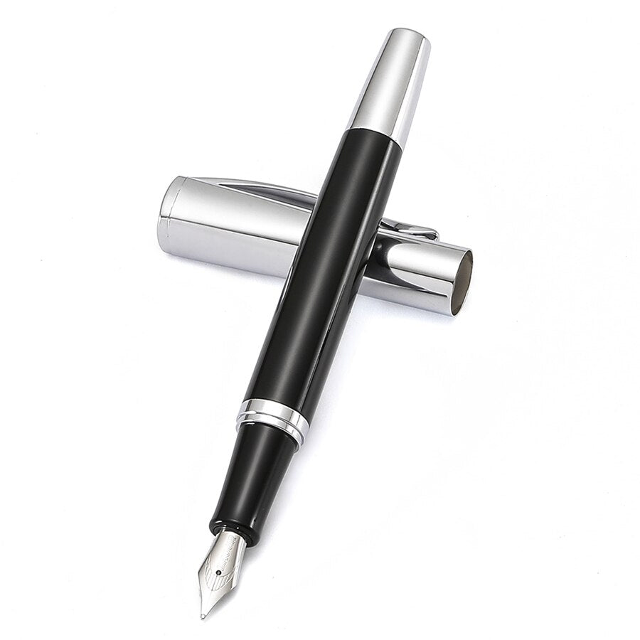 Fountain Pen, Black Stripe Lacquer Barrel, Silver Trim Stainless Steel Medium Nib, Office School Signature