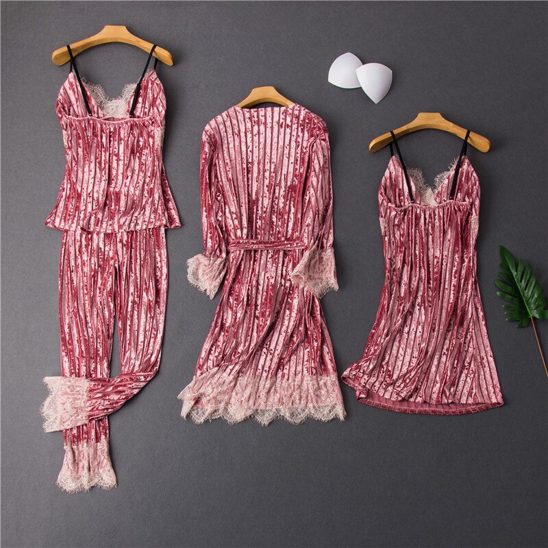 Lady Pajamas Suit Nighty&Robe Set Sexy Velvet Sleepwear Intimate Lingerie 2021 Autumn New Kimono Gown Homewear Nightgown