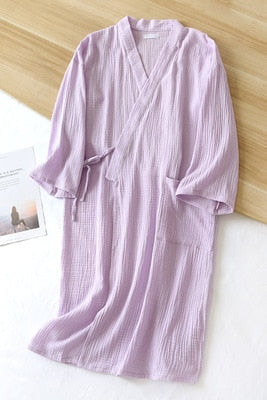 Crepe Gauze Bathrobe Solid 100% Cotton Robe Long-sleeved V-neck Kimono Wedding Robes Sleepwear Plus Size Dressing Gown