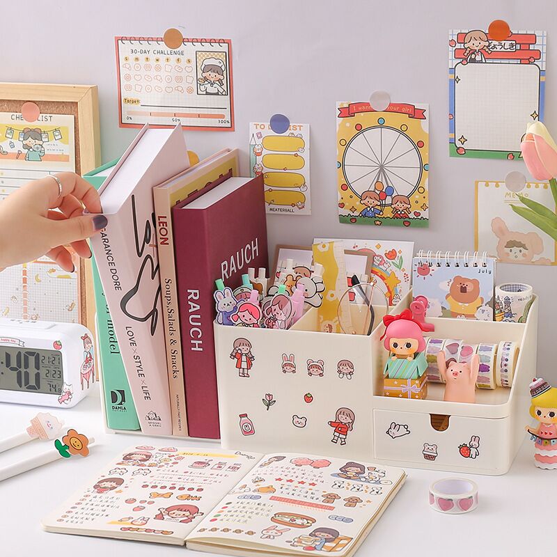 MINKYS Kawaii ABS Multifunctional Desk Organizer Pen Holder Books Stand Holder Bookends Desktop Storage Box School Stationery