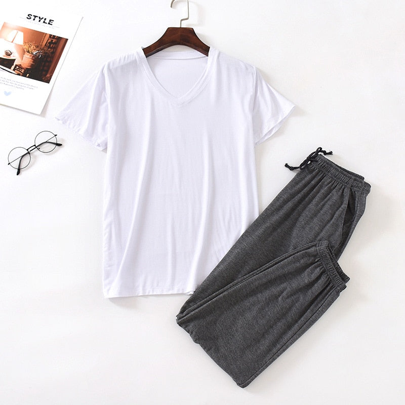 Nightwear Set 2Pcs Pajamas For Man Sleepwear Spring Summer Modal Short Sleeve Pijamas Man Black Home Clothes