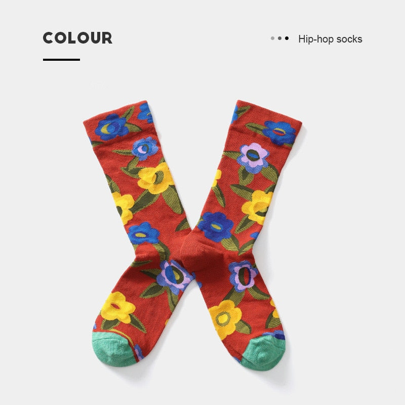 Chic Jacquard Breathable Combed Cotton Socks Women Men Cartoon Flowel Graffiti Tide Sock Streetwear Casual Skateboard Socks Sox