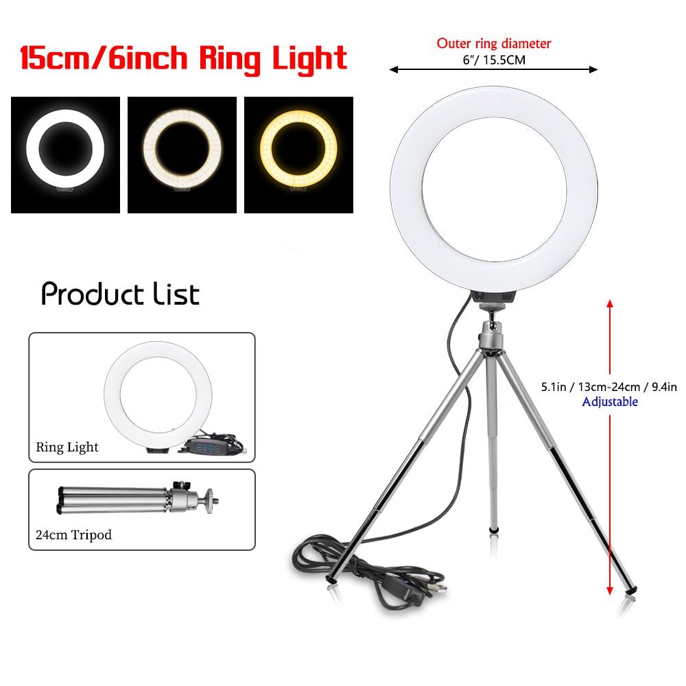 Ring Light With Tripod Stand Usb Charge Selfie Led Lamp Dimmable Photography Light For Photo Photography Studio (16cm/6 inch)