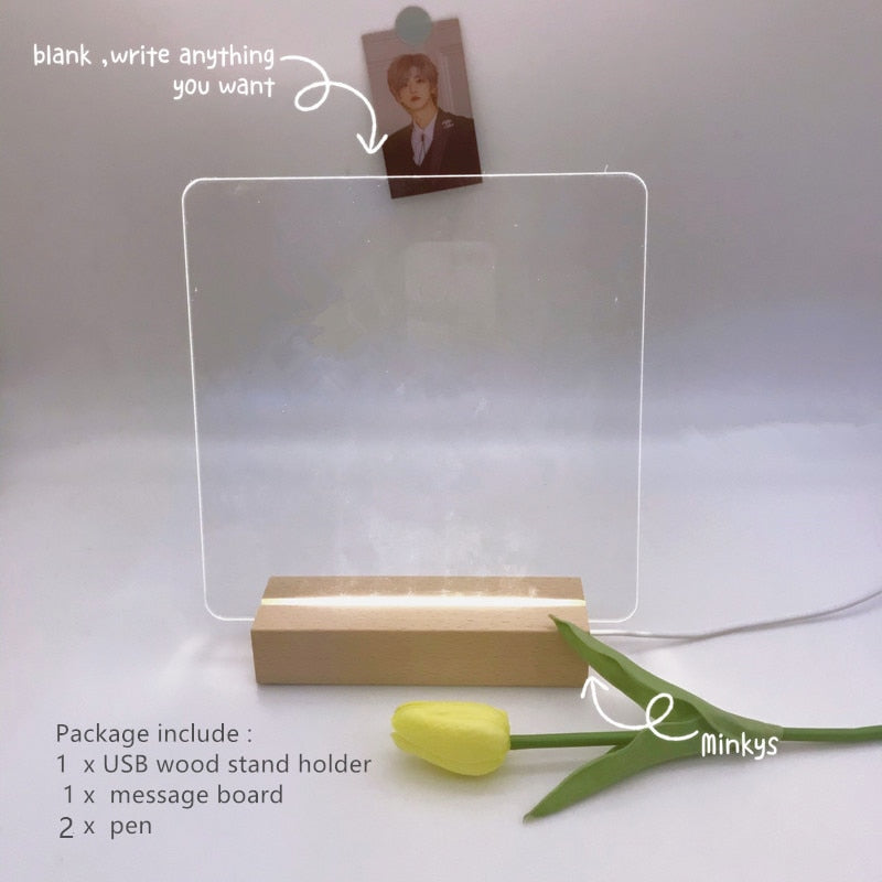 MINKYS New Arrival USB Acrylic Daily Moments Photo Memo Message Board With Wood Stand Holder Set Lamp Creative School Stationery