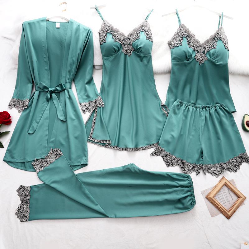 Women Robe Suit Pajamas Nighty&Satin Kimono Bathrobe Gown Nightdress Silky Lace Sleep Set Nightwear Sexy Nightgown