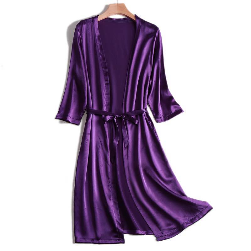 100% Natural silk Women Robes Silk Satin Knee length robe Belted Healthy Sleep wear 2021 Spring Fall Home Wears Kimono