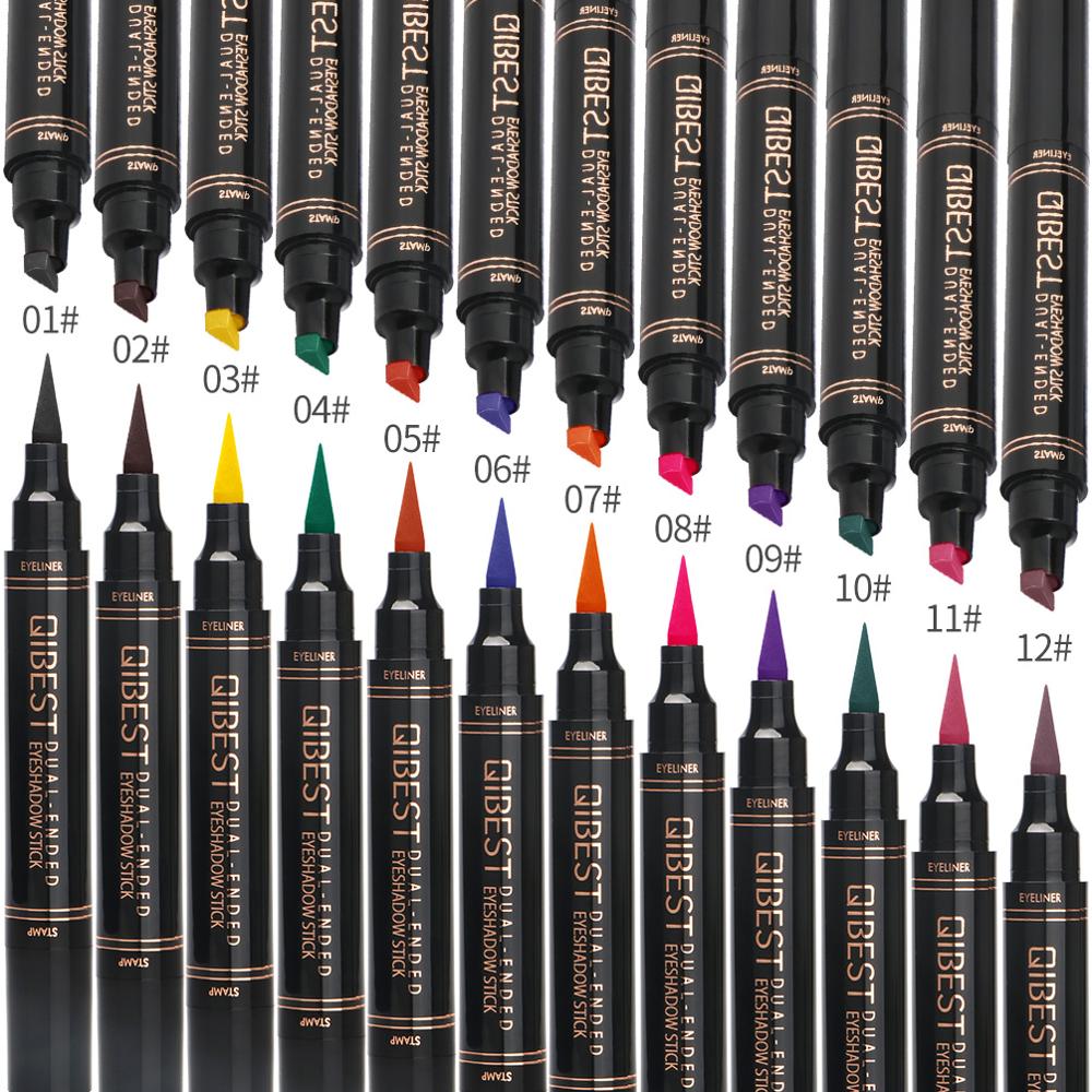 QIBEST Double-Headed Seal Liquid Eyeliner Pencil Waterproof Eyeliner Stamp 12 Colors Quick Dry Contouring Eyeliner Pen Makeup