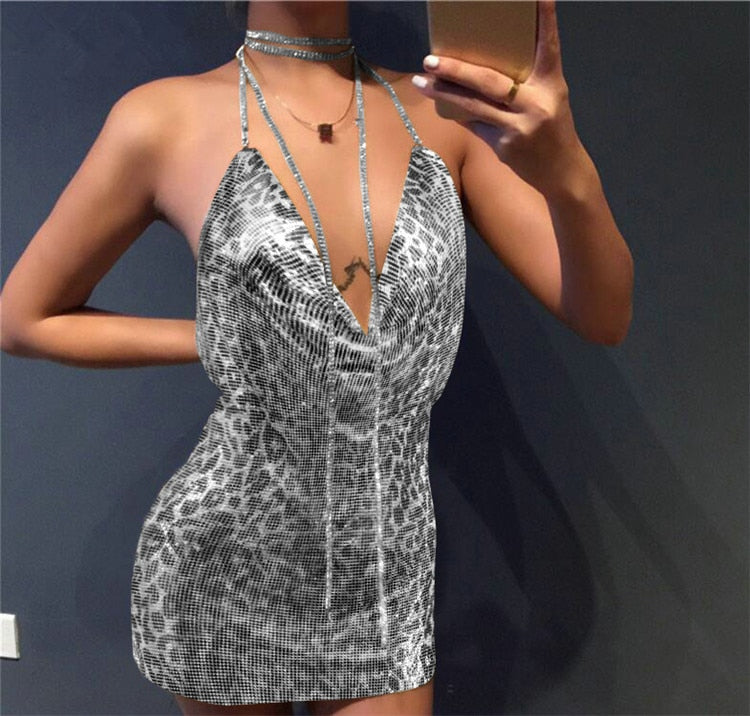 Sexy Backless y2k Metal Party Summer Dress Women Beach Night club Mini slip dress Glitter Sequin ladies Dresses Vestidos