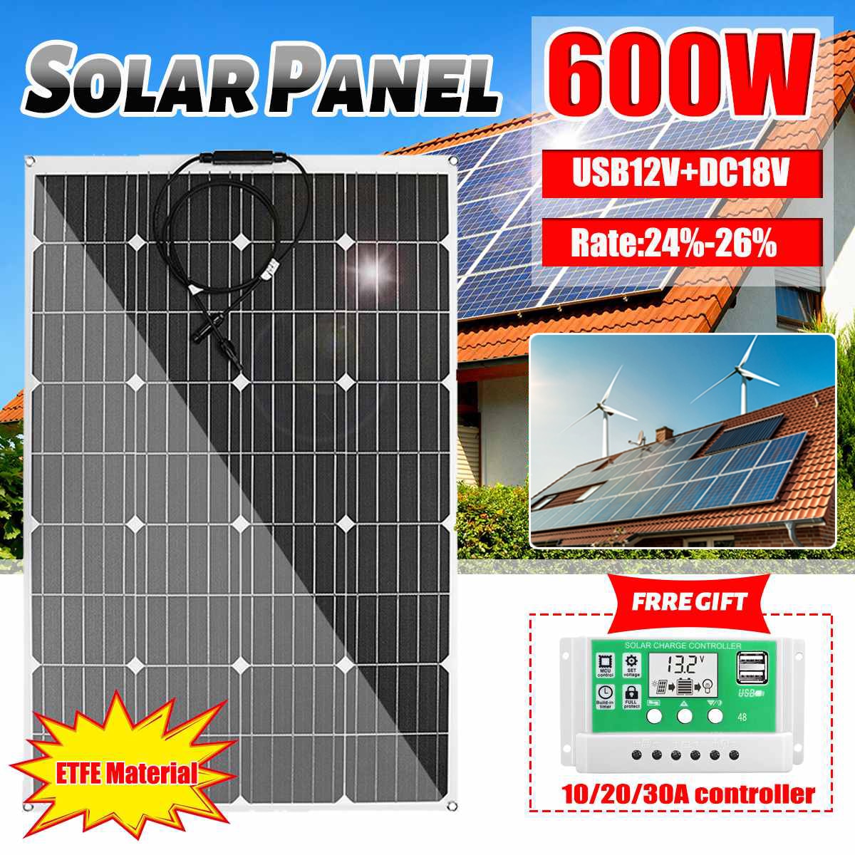 600w 1200w ETFE Solar Panel 12v Photovoltaic Home System Inverter Complete Kit Solar Cell Battery Charger For Car Boat Camping