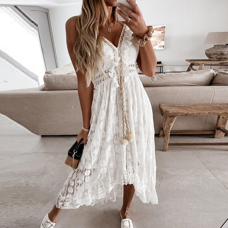 Off Shoulder Lace Patchwork Elegant Dress Women Summer  Neck Spaghetti Strap Dress Female New Fashion Solid Party Dresses