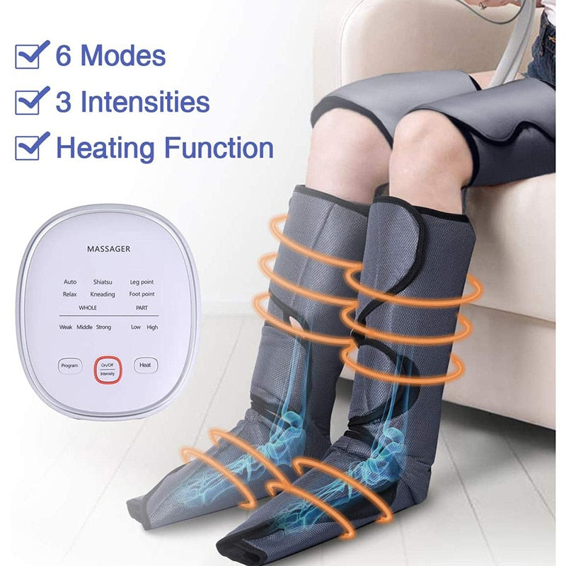 Electric Air Compression Leg Massager Pneumatic Foot and Calf Heated Air Wraps Handheld Controller Muscle Relax Pain Relief