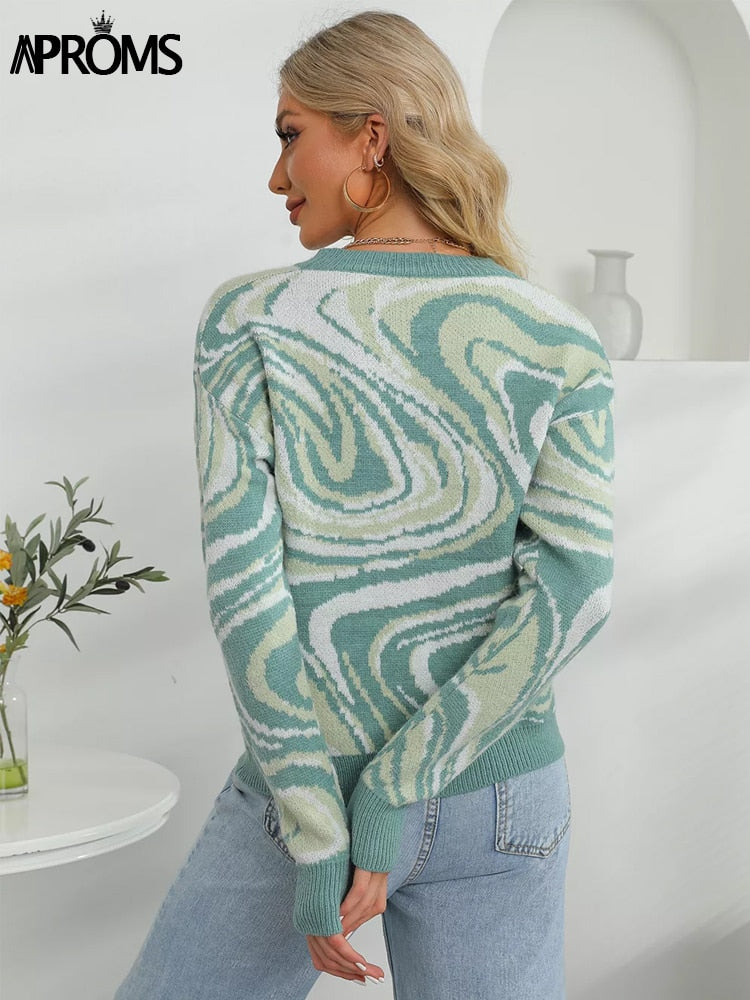 Green Tie Dye Knitted Sweater and Pullovers Women Winter Long Sleeve Warm Ribbed Jumper Female Slim Top