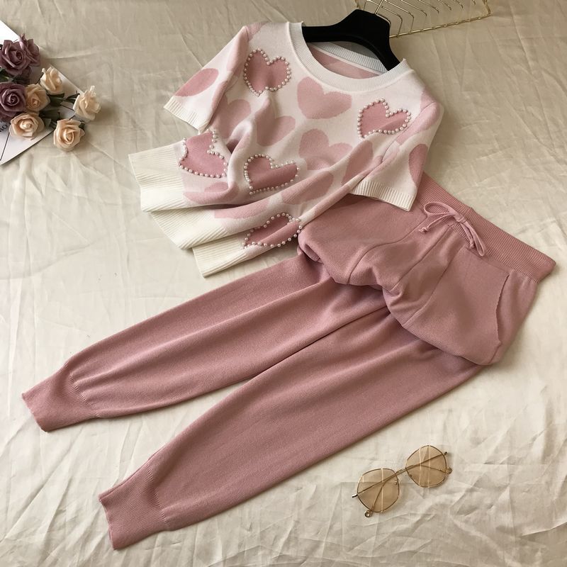 Heart Printed Knitted Sweet 2 Pcs Women Short Sleeve Beading Sweaters Female Tops+pants Suit Pink Casual Tracksuit