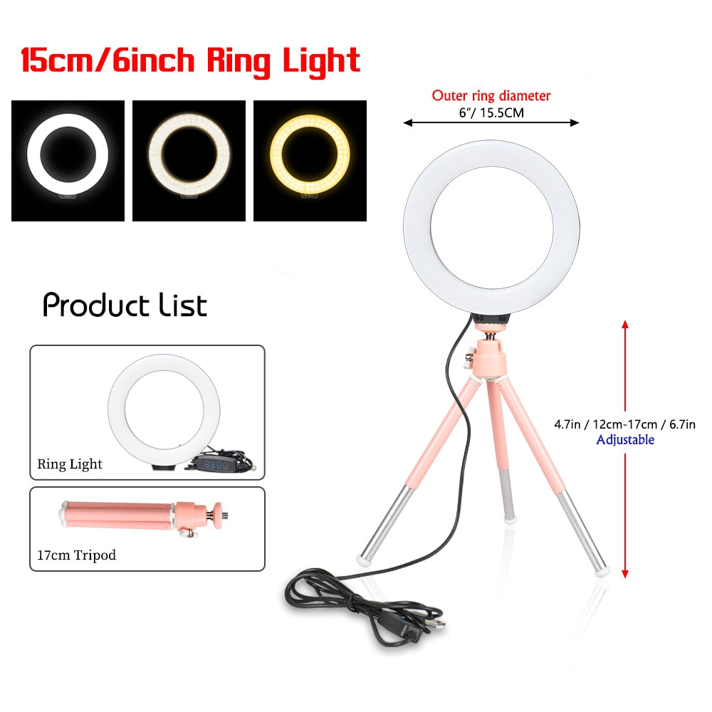 Ring Light With Tripod Stand Usb Charge Selfie Led Lamp Dimmable Photography Light For Photo Photography Studio (16cm/6 inch)