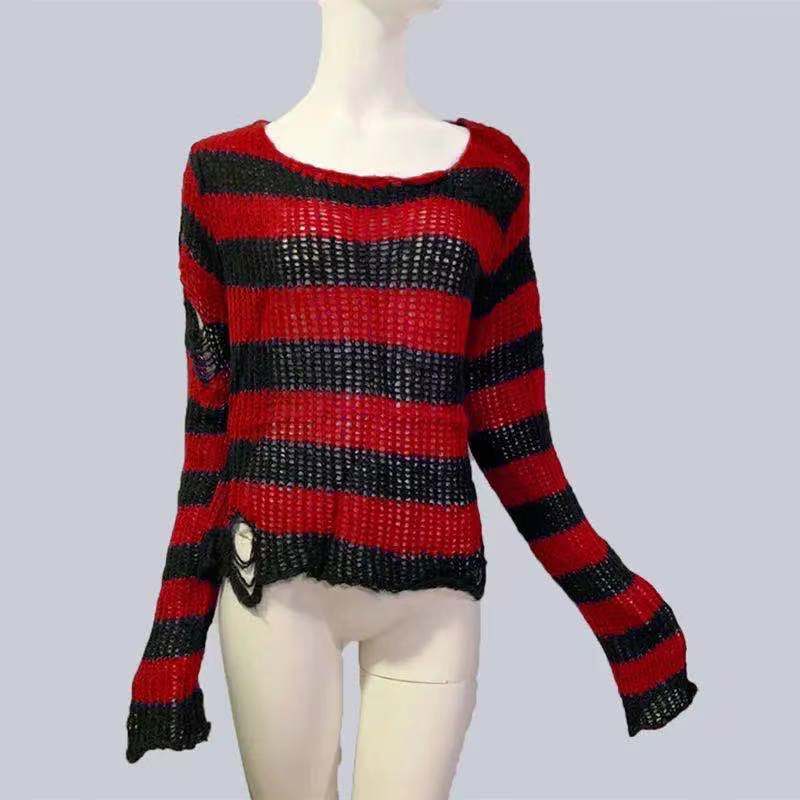 Punk Gothic Long Women Striped Cool Hollow Out Hole Broken Jumper Loose Rock Thin Dark Streetwear Top