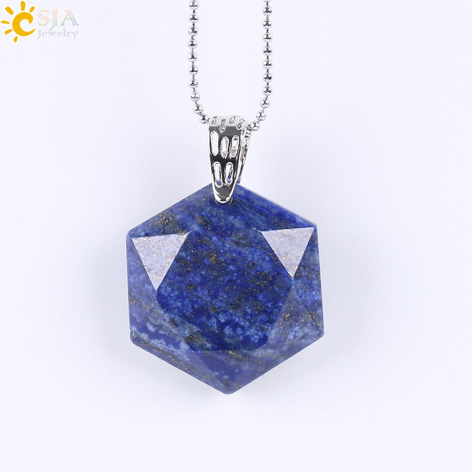 Hexagonal Natural Gem Stone Necklaces & Pendants Opal Lapis Lazuli Pink Quartz Tiger Eye Chakra Reiki Jewelry