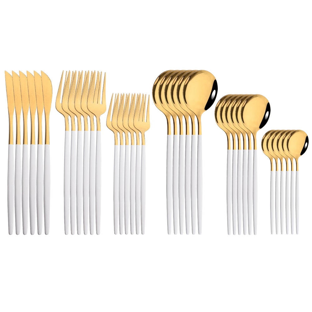 36Pcs White Gold Dinnerware Cutlery Set Knife Dessert Fork Coffee Spoon Flatware Stainless Steel Silverware Party Tableware Set