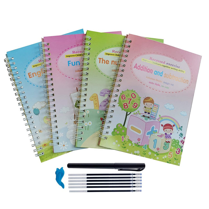 4 Books/Sets of Children's School Copybook 3D Calligraphy Reusable Handwriting Practice Learn Writing English Magic Stationery