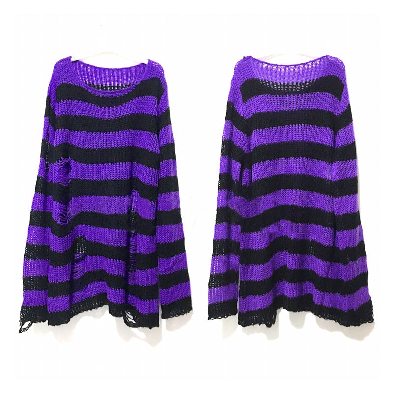 Punk Gothic Long Women Striped Cool Hollow Out Hole Broken Jumper Loose Rock Thin Dark Streetwear Top