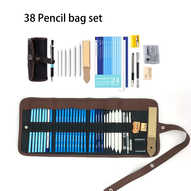 Brutfuner 28/38pcs Sketch Pencil Set Professional Drawing Kit Roll Up Charcoals Pencil Bags Artist Beginner Student Art Supplies