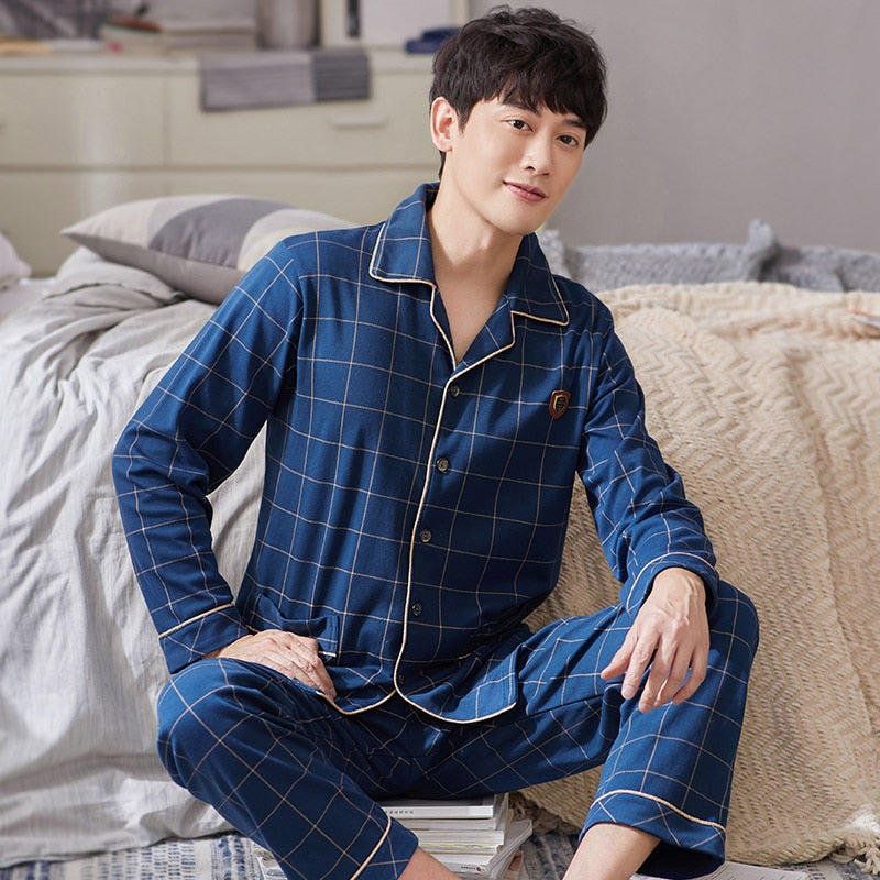 Winter 100% Cotton Pajamas Men Lounge Sleepwear Blue Plaid Pijama Man's Warm Bedgown Home Clothes PJ Pure Pijama Hombre Invierno