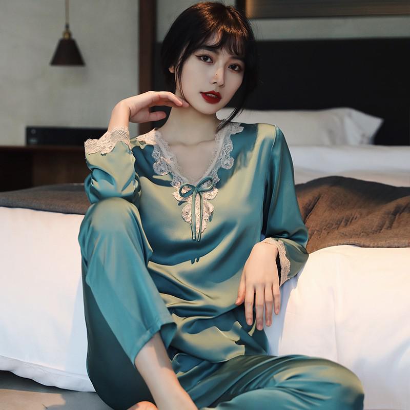 Lace Pj's 2PCS Sleepwear Women Satin Pajamas Suit Summer Pyjamas Casual Intimate Lingerie Long Sleeve Shirt&Pants Lounge Wear