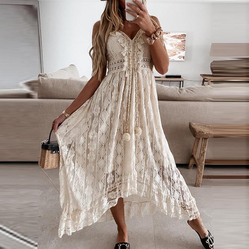 Off Shoulder Lace Patchwork Elegant Dress Women Summer  Neck Spaghetti Strap Dress Female New Fashion Solid Party Dresses