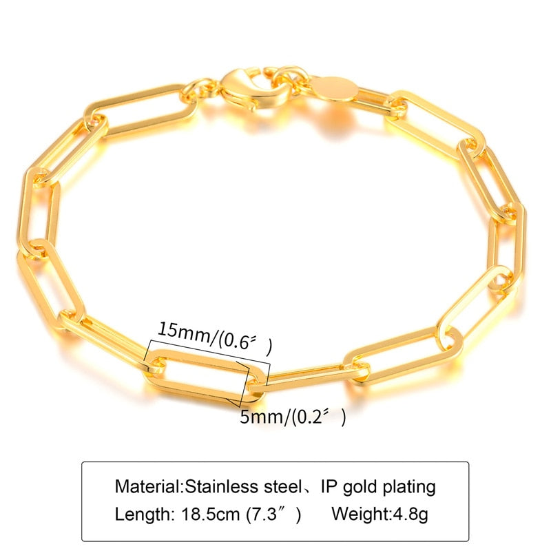 Paperclip Chain Bracelet for Women,Gold Color Stainless Steel Rectangle Link Bracelets,Cable Dainty Girls Layering Jewelry