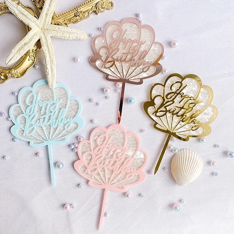 Ins Ocean Shell Happy Birthday Acrylic Cake Topper Gold Cute Cake Topper for Girls Birthday Party Cake Decorations Baby Shower