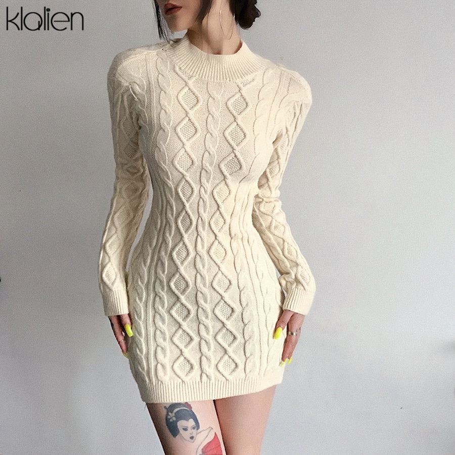 Simple Solid Long Sleeve Turtleneck Sweater Dress Autumn New Women Warm Streetwear Slim Stretch Mini Bodycon Dresses