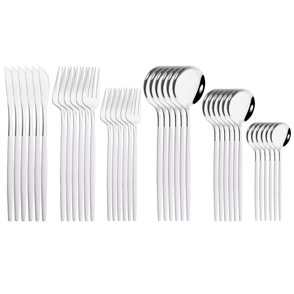 36Pcs White Gold Dinnerware Cutlery Set Knife Dessert Fork Coffee Spoon Flatware Stainless Steel Silverware Party Tableware Set