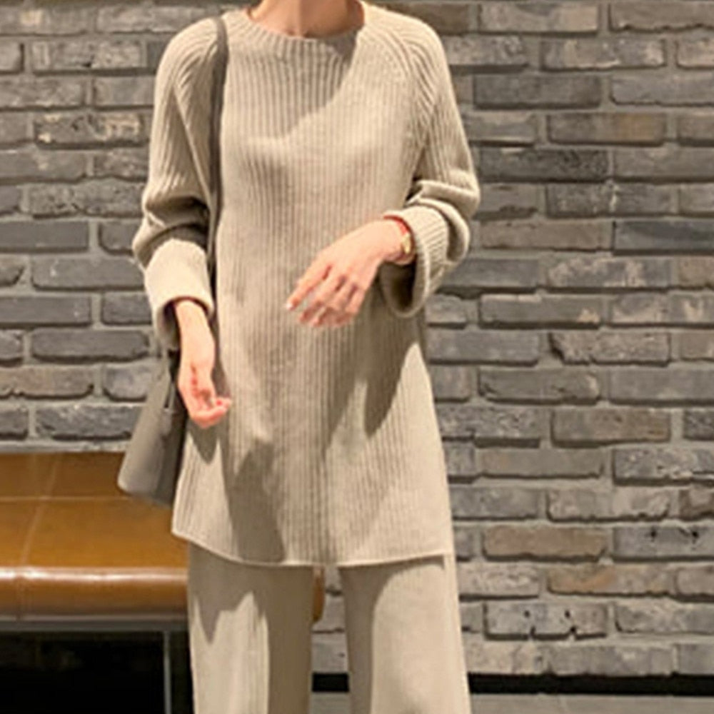 Winter Women's Thicken Warm Knitted Pullover Sweater Two-Piece Suits +High Waist Loose Wide Leg Pants Set