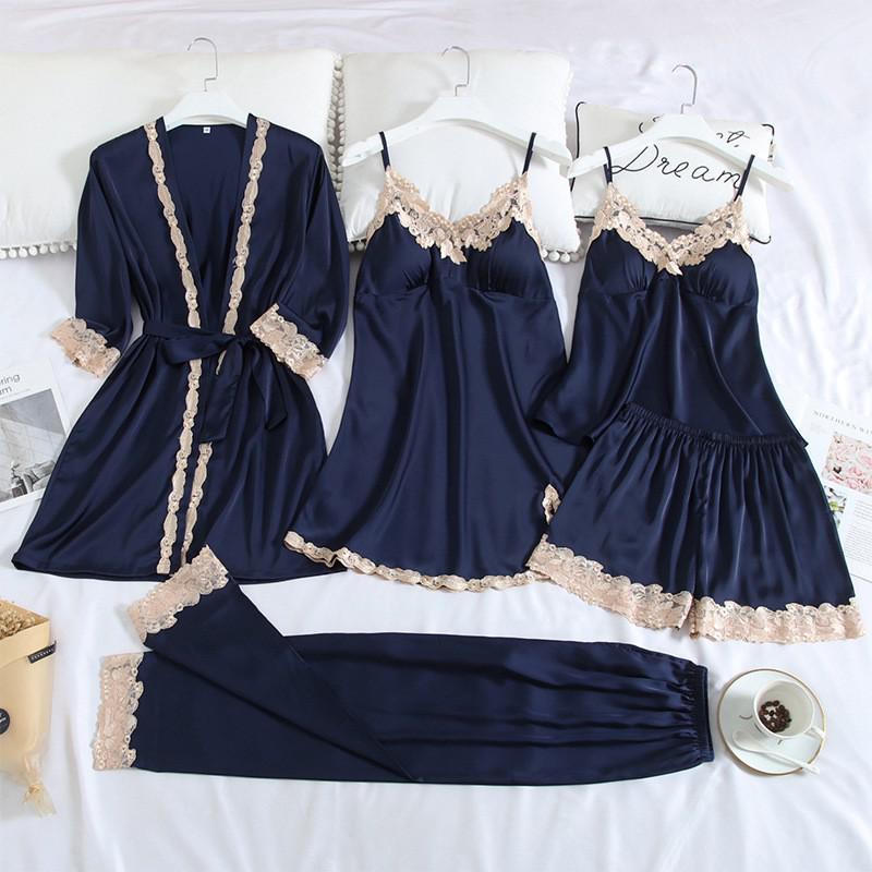 Women Robe Suit Pajamas Nighty&Satin Kimono Bathrobe Gown Nightdress Silky Lace Sleep Set Nightwear Sexy Nightgown