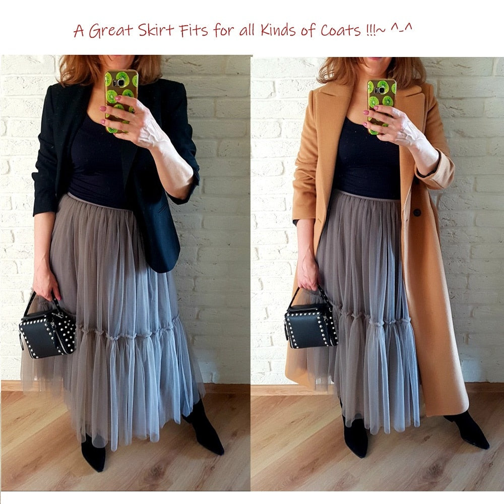 Maxi Long Tulle Skirts for Women Black Gothic Pleated Skirt Casual Party Fairycore Summer Winter Falda Mujer