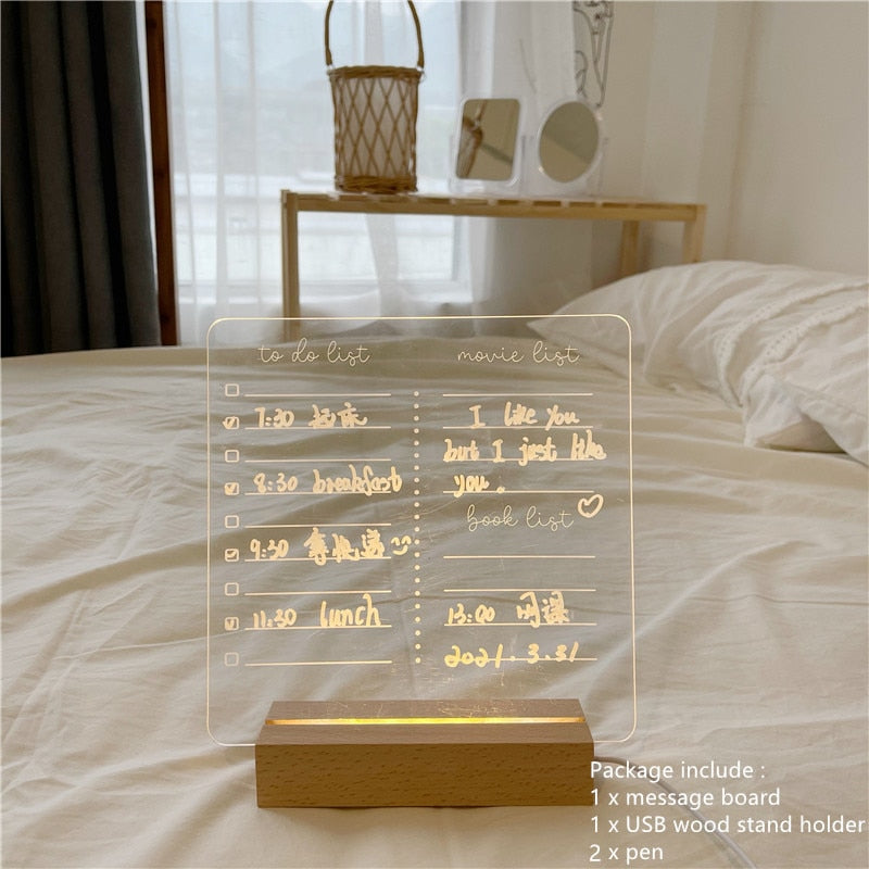 MINKYS New Arrival USB Acrylic Daily Moments Photo Memo Message Board With Wood Stand Holder Set Lamp Creative School Stationery