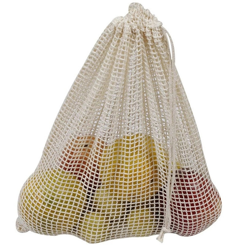 Reusable Cotton Mesh Produce Bags for Vegetable Fruit Food Kitchen Washable Grid Storage Bag Eco String bag Kitchen Organizer