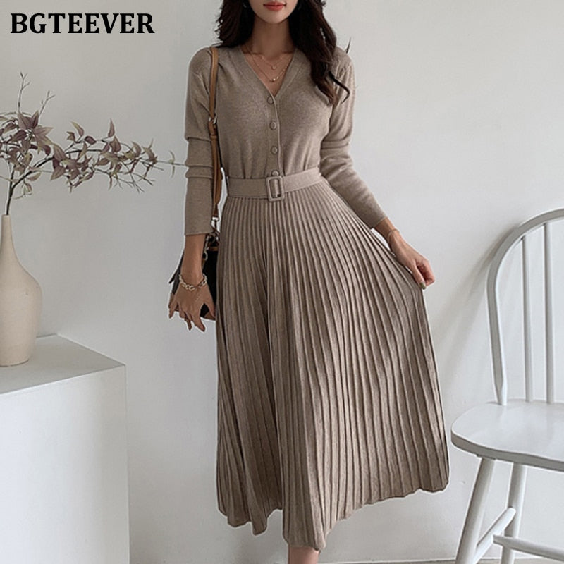 Elegant V-neck Single-breasted Sweater Dress - Belted Female A-line soft dresses