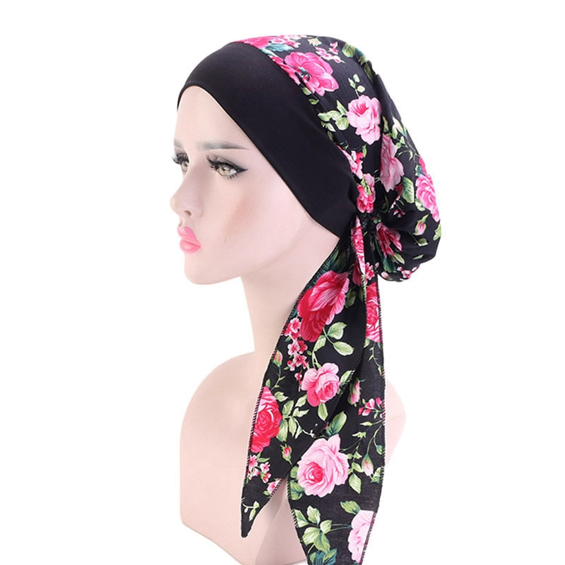 Printed flowers women inner hijabs cap muslim head scarf turban bonnet ready to wear ladies wrap under hijab caps