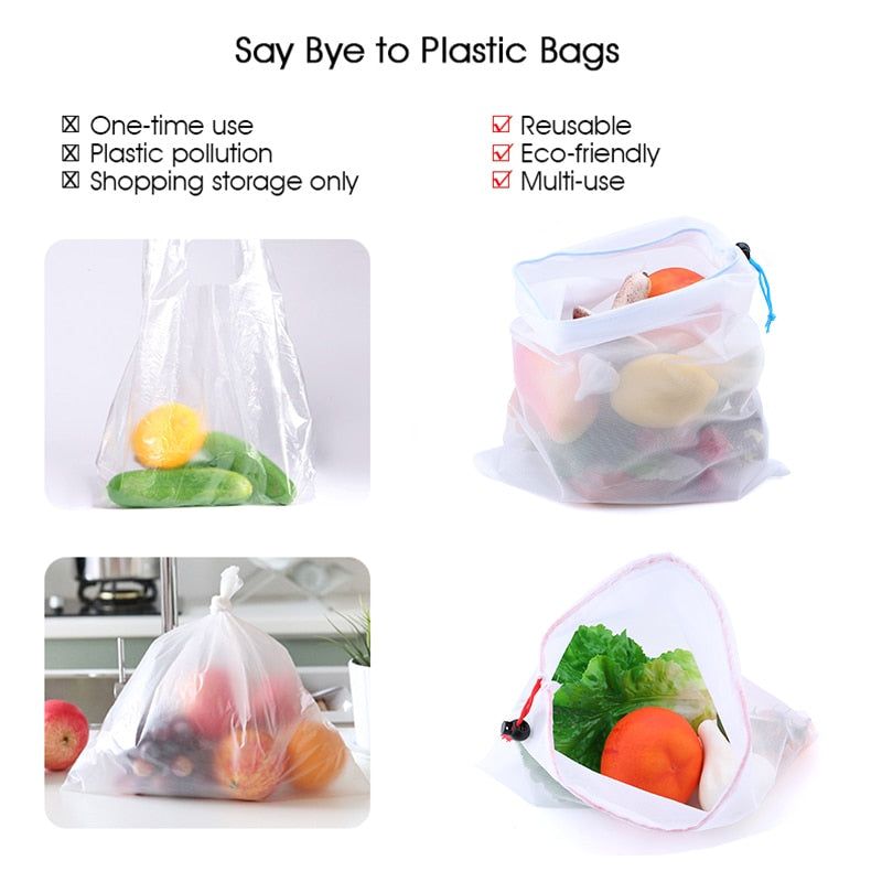 5pcs Colorful Reusable Fruit Vegetable Bags Net Bag Produce Washable Mesh Bags Kitchen Storage Bags Toys Sundries