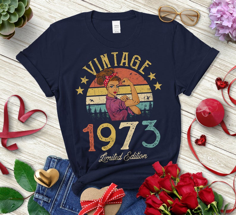 Vintage 1973 Limited Edition Retro  Womens T-Shirt Funny 49th Birthday Gift Grandmom Mom Wife Girl Short Sleeve Top Tees O Neck