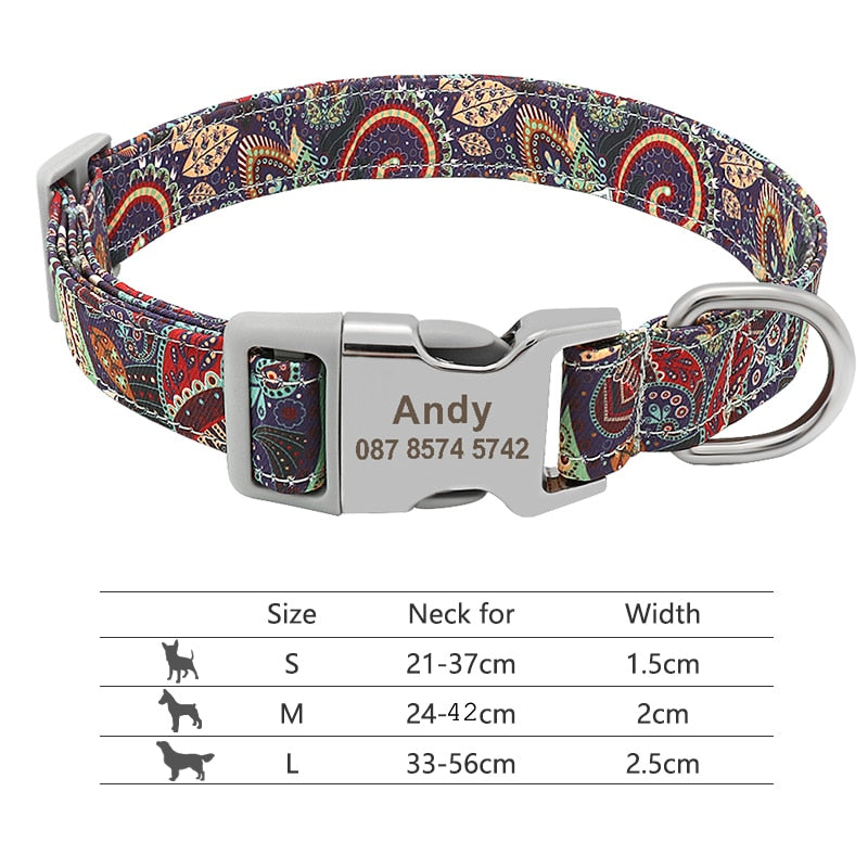 Customized Printed Pet Collar Nylon Dog Collar Personalized Free Engraved Puppy ID Name Collar for Small Medium Large Dogs Pug